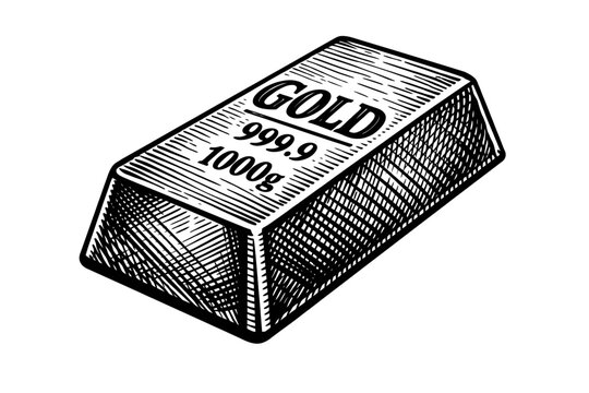 Black and white illustration of a gold bar with 999.9 purity and 1000g weight on white background