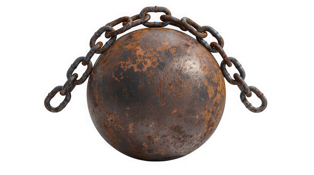 Heavy old rusty metal ball and chain representing burden or punishment as isolated on transparent background