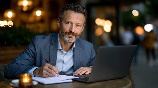 Single professional in a caf&eacute; corner, laptop open to a legal equity split document, annotating margins with a red pen, furrowed concentration, ambient urban noise suggested by blurred background foo