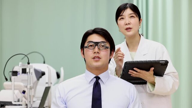 視力検査を受ける男性患者とタブレットで記録する女性医師