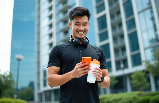 Smiling Asian man in gym clothes holds phone and shaker bottle outside. He wears headphones and checks his mobile device. He looks happy, enjoying a break after training.