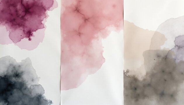 Abstract watercolor stains in pink grey, beige hues blend softly on white paper, creating organic textured backdrop for design digital art. Organic shapes, subtle gradients suggest natural elements