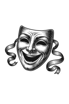 Theatrical comedy mask with ribbons on white background for acting and performance themes