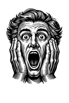 Black and white illustration of a shocked man with hands on face