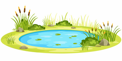 cartoon pond with blue water and green vegetation © Sudebi