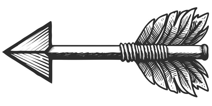 Sketch of an arrow with feathers black and white illustration