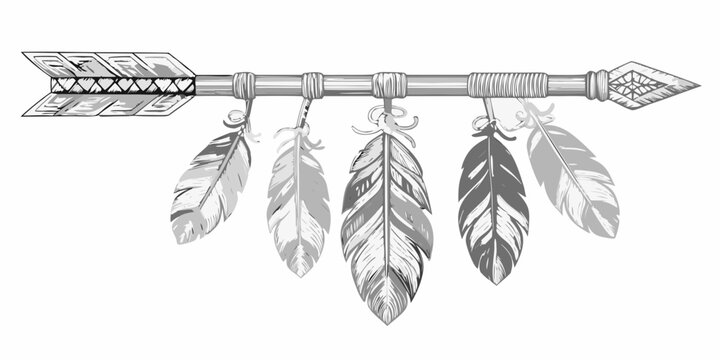 Arrow with feathers tribal style vector illustration on white background