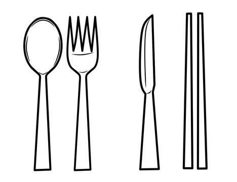 cutlery set: spoon, fork, knife, stick and chopsticks