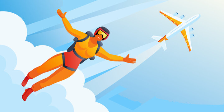 Skydiver in free fall with airplane vector illustration