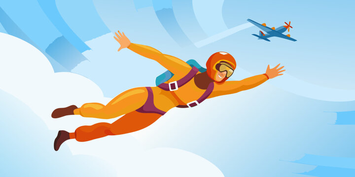 Skydiver in free fall with airplane vector illustration
