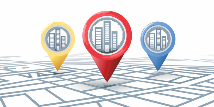 Three colorful location markers on a city map illustration