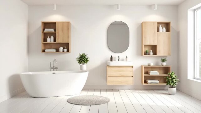 Wooden storage box opens to reveal contents in bright bathroom. Sleek mirror and shelving complete modern aesthetic. Concept of interior design, home decor, organization