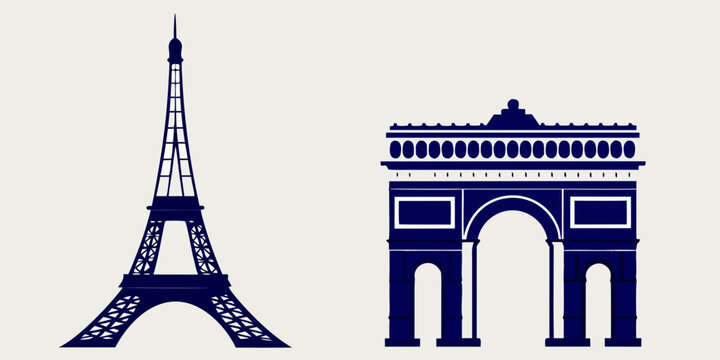 Blue silhouettes of the eiffel tower and arc de triomphe