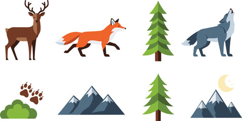 Fototapeta premium Forest Wildlife Vector Set Deer Fox Wolf Trees Mountains Nature Illustration