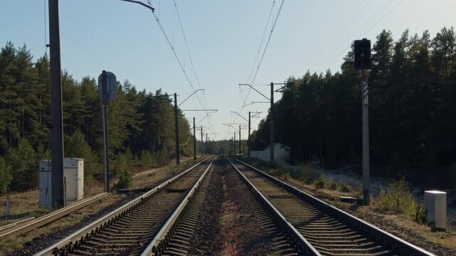 Serene railway scene illuminated softly. Calm rural rail pathway with tall trees and distant signals. Peaceful countryside train line with overhead wires and shadowy trees along horizon