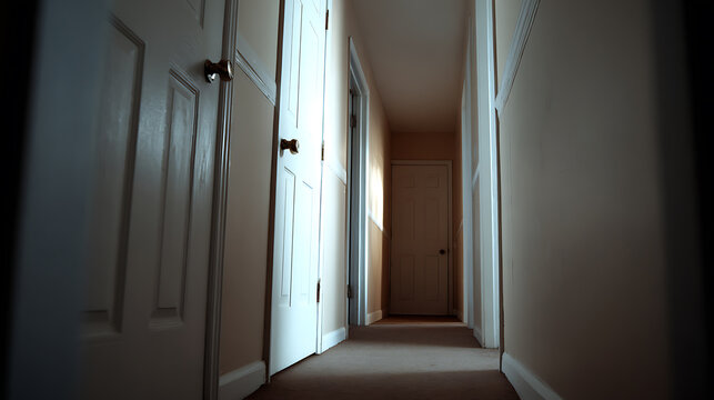Long dark hallway with closed doors and subtle light, creating a mysterious and suspenseful atmosphere inside a residential building or home