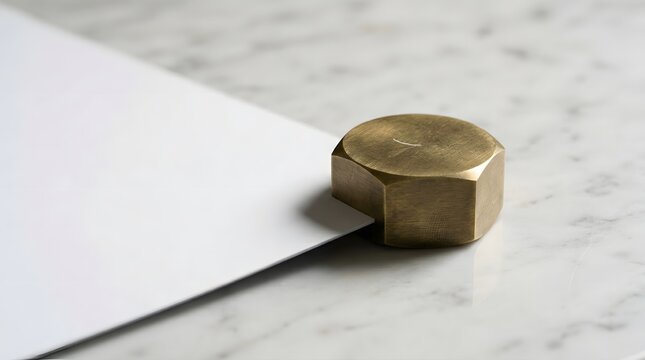 Brass paperweight holding a white sheet of paper on a marble surface