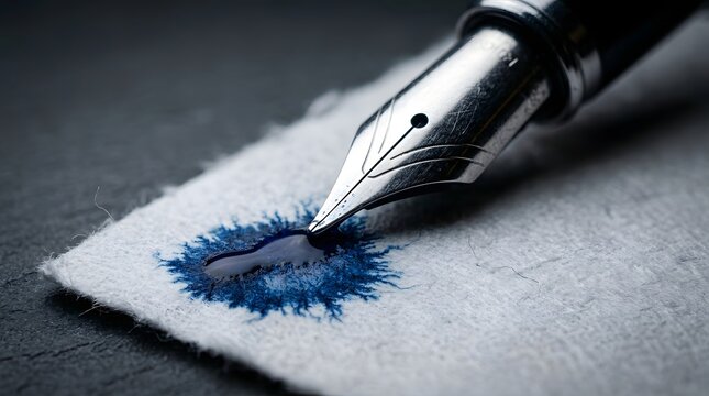 Closeup of a fountain pen nib touching paper with a spreading blue ink blot