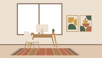 Minimalist wooden classroom with desks and blackboard in a cozy room © FahimStock