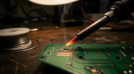 Obraz premium Closeup of a soldering iron tip melting solder on a green printed circuit board