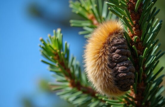 Pine processionary moth on pine tree branch. Furry insect larva on conifer, with brown cocoon nest. Blue sky background, nature detail, close-up macro.