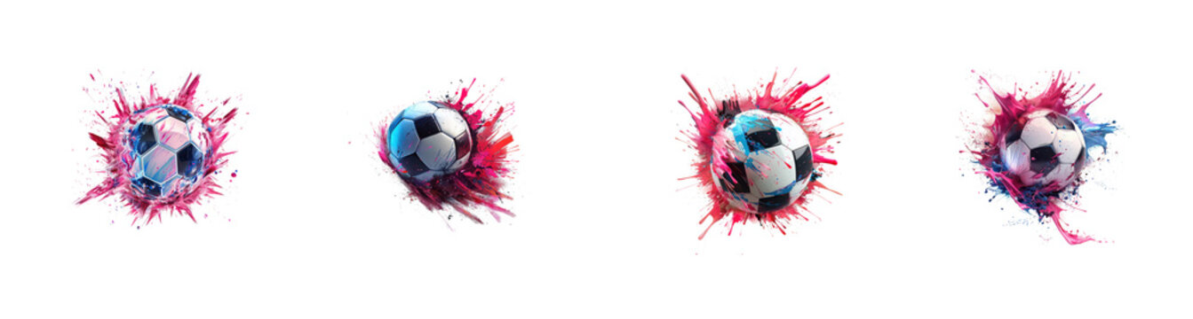 Four soccer balls with colorful paint splatters and dynamic explosion isolated on transparent background