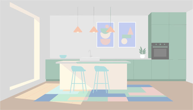 Modern kitchen interior with island counter and pendant lights