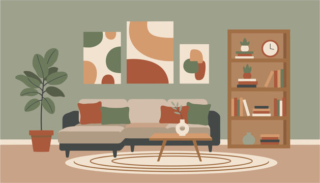 Cozy modern living room with sofa and abstract wall art