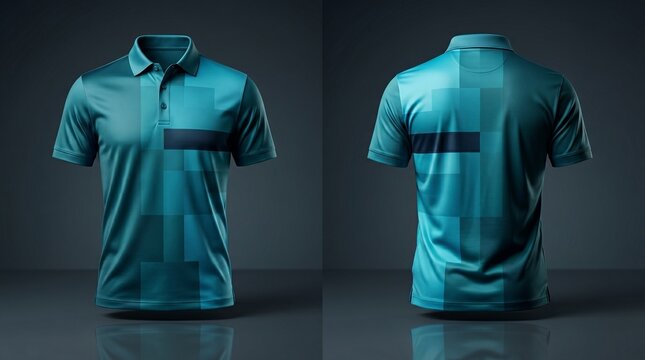 Premium polo shirt mockup featuring a dark teal geometric gradient pattern and a small bird logo. Front and back views highlights professional sports or corporate uniform design.