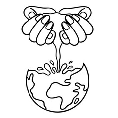 Fototapeta premium Minimalist line art illustration of hands cradling a globe, symbolizing environmental care and global sustainability. Ideal for Eco-friendly campaigns, corporate social responsibility, and green marke