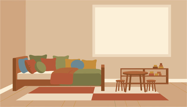 Cozy modern living room interior with sofa bed and small dining setup