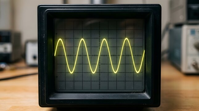 Closeup of an oscilloscope screen displaying a yellow sine wave signal
