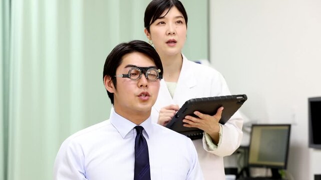視力検査を受ける男性患者とタブレットで記録する女性医師