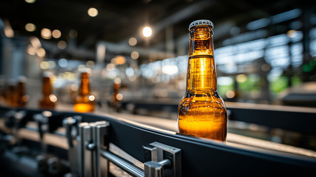 Beer bottle on modern production line conveyor in brewery factory with warm industrial lighting and shallow depth of field showcasing beverage manufacturing process and automation technology