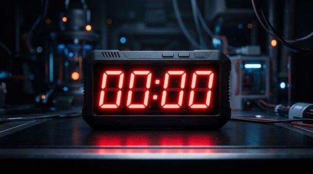 Digital Countdown Timer Showing 00:00 with Red Glowing Numbers in a High-Tech Futuristic Laboratory Background, Conceptual Time Deadline and Security Scene