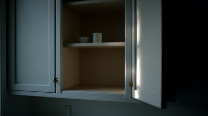 Fototapeta premium Open kitchen cabinet with empty shelves and subtle light, evoking themes of scarcity, minimalism, or new beginnings in a home setting