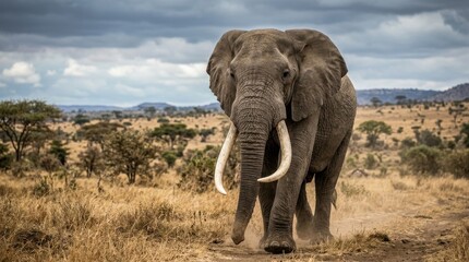 Fototapeta premium Large African Elephant Bull with Impressive Tusks Walking on a Dusty Path Through the Savanna Wilderness Under a Stormy Sky