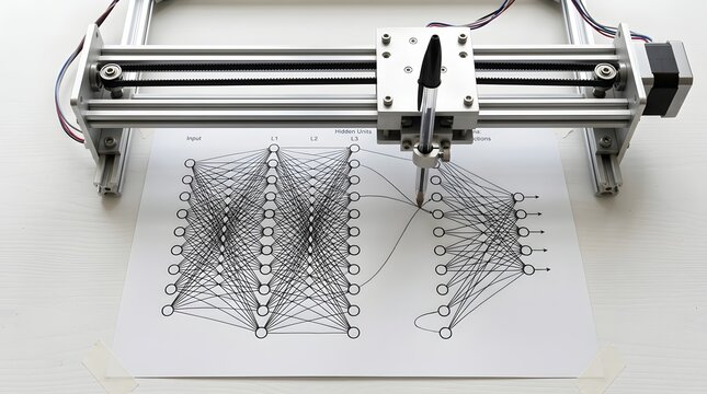 A robotic pen plotter drawing a neural network diagram on a white paper