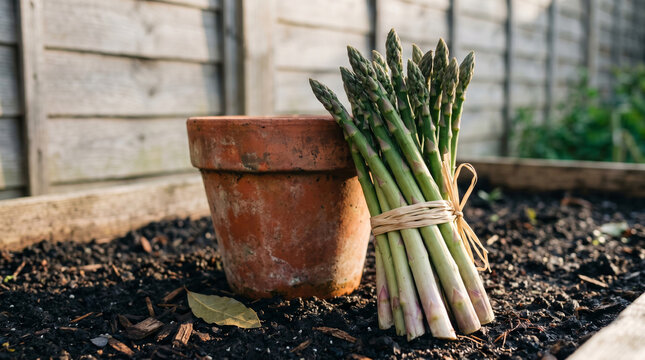 Fresh organic asparagus stalks tied with raffia sitting by a clay pot