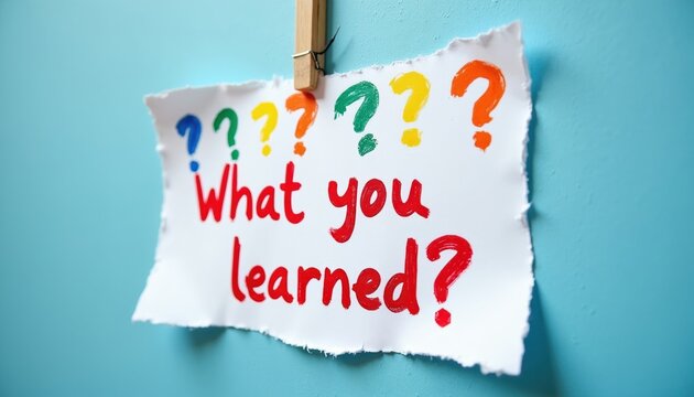 Paper with colorful question marks and What you learned text hangs on wall. Concept of education and knowledge acquisition. Inquiry and discovery.