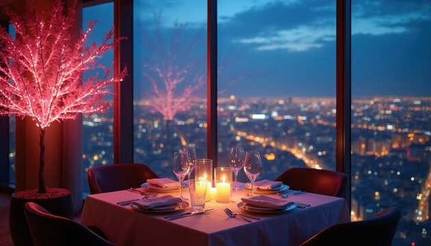 Table set for romantic dinner in luxury apartment high above cityscape at night. Candles glow near wine glasses by large window with city lights view. Pink tree lights add ambiance.