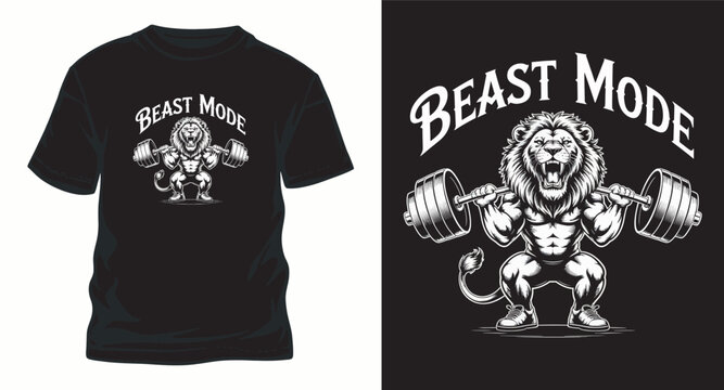 Lion lifting weights t shirt design beast mode.