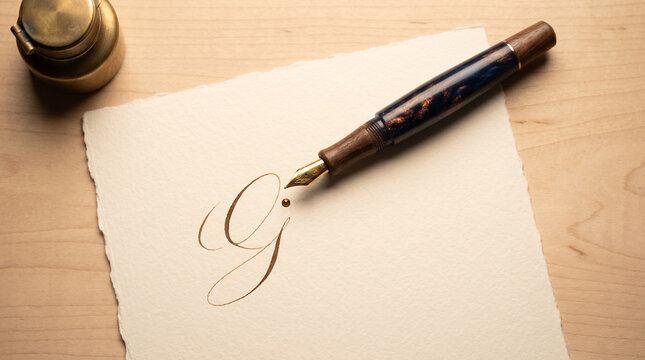Elegant fountain pen resting on handmade paper with a beautiful calligraphy letter g