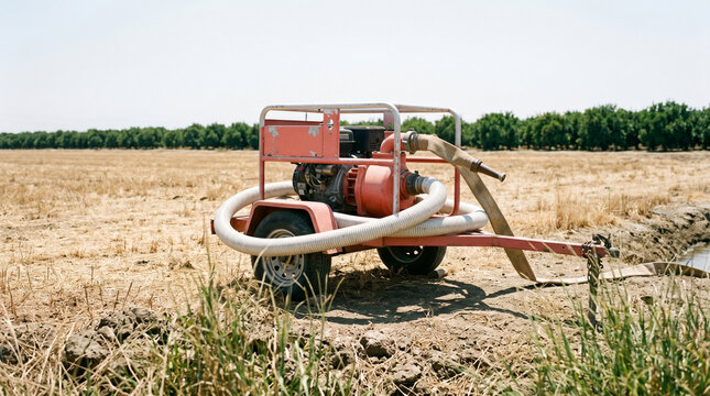 Portable industrial water pump mounted on a small trailer for farm irrigation use