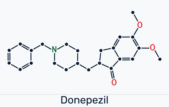 Donepezil drug molecule. Acetylcholinesterase inhibitor used for Alzheimer's disease treatment. Skeletal chemical formula. Vector illustration