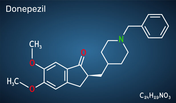Donepezil drug molecule. Acetylcholinesterase inhibitor used for Alzheimer's disease treatment. Dark blue background. Vector illustration