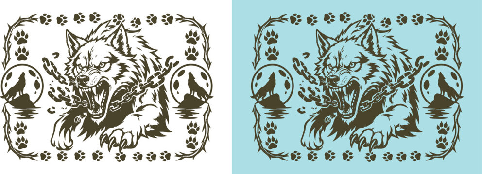 Wild Wolf Chain Paw Border illustration