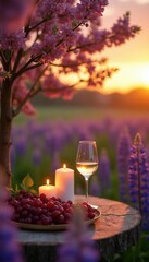 Naklejka premium Romantic outdoor meal setting with grapes, wine, and lit candles in a lupine field at sunset. Soft pink blossoms on a nearby tree frame the golden hour light.