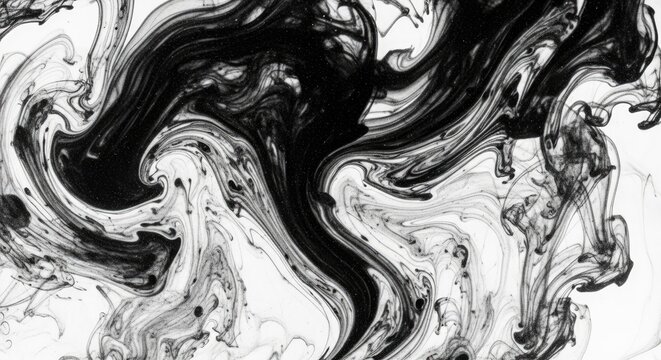 Abstract black ink swirls on white background fluid art design