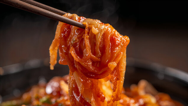 Close-up of steaming kimchi being lifted by chopsticks from a dish with korean food with fermented cabbage with asian cuisine with traditional food with hot food with side dish with spicy food
